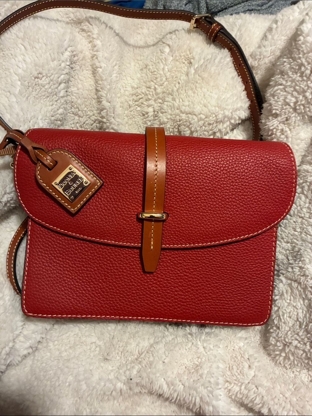 Dooney & Bourke Red Pebbled Leather Crossbody with Tan Strap